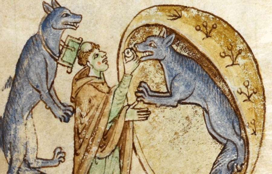 Depiction of the werewolves of Ossory, from Topographia Hibernica by Gerald of Wales, c. 1200