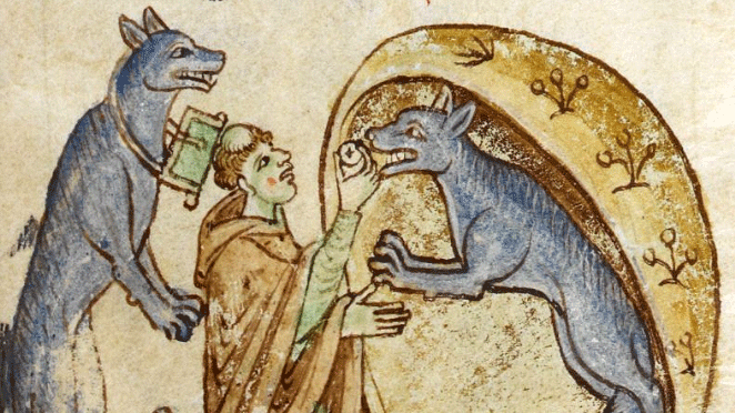 Depiction of the werewolves of Ossory, from Topographia Hibernica by Gerald of Wales, c. 1200
